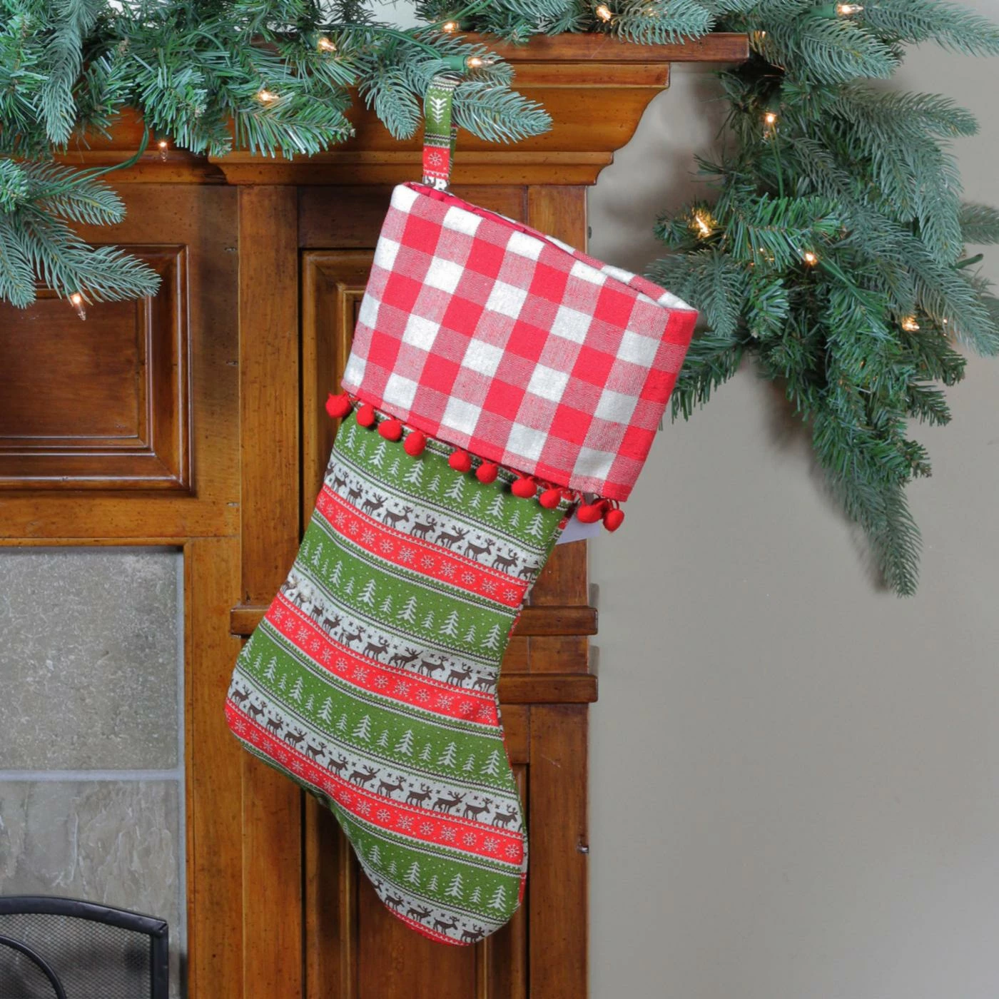 Best Sale π₯ Christmas Stockings & Holders Northlight Red And Green Rustic Lodge π Christmas Stocking With Pom Poms And Cuff β - Image 2