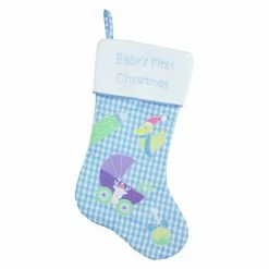 Budget 🎉 Christmas Stockings & Holders Northlight Blue And White Checked Babys First 🎅 Christmas Embroidered Stocking With Fleece Cuff 😀