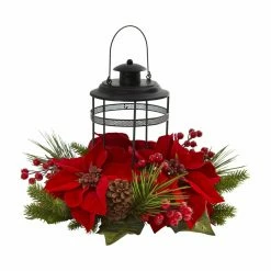 Budget ❤️ Candle Holders 🎁 Christmas Home Decor Nearly Natural Poinsettia Berry Pine Artificial Arrangement Candelabrum 🔔