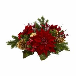 Outlet ✨ Candle Holders 🎄 Christmas Home Decor Nearly Natural Poinsettia Berry And Golden Pine Cone Artificial Arrangement Candelabrum 🤩